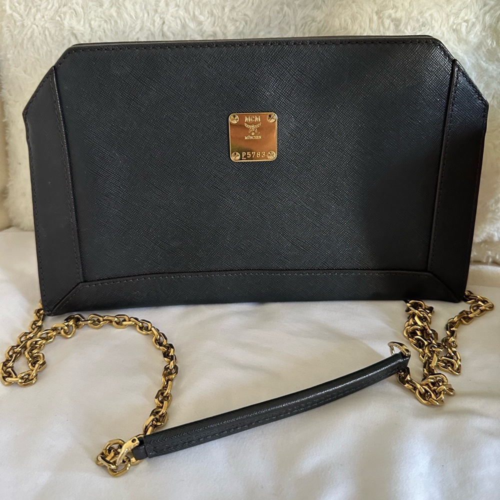 MCM Black Leather Chain Crossbody Clutch with Gold Plaque